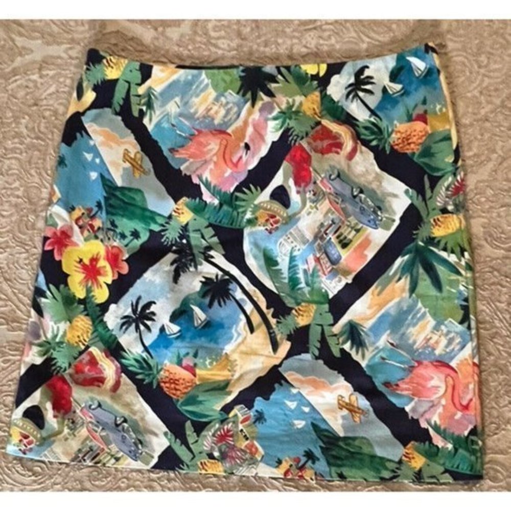 2/$50 - Talbots Petite 10P Pencil Skirt Hawaiian Beach Scenes Flamingo Pineapple